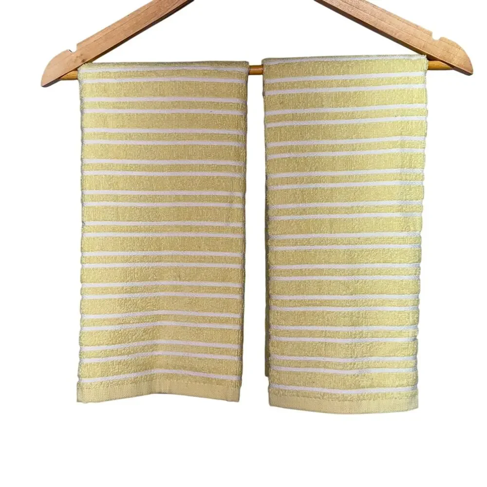 Set of 2 Yellow & White Striped Hand Towels 100% Cotton Oeko-Tex Certified NWOT